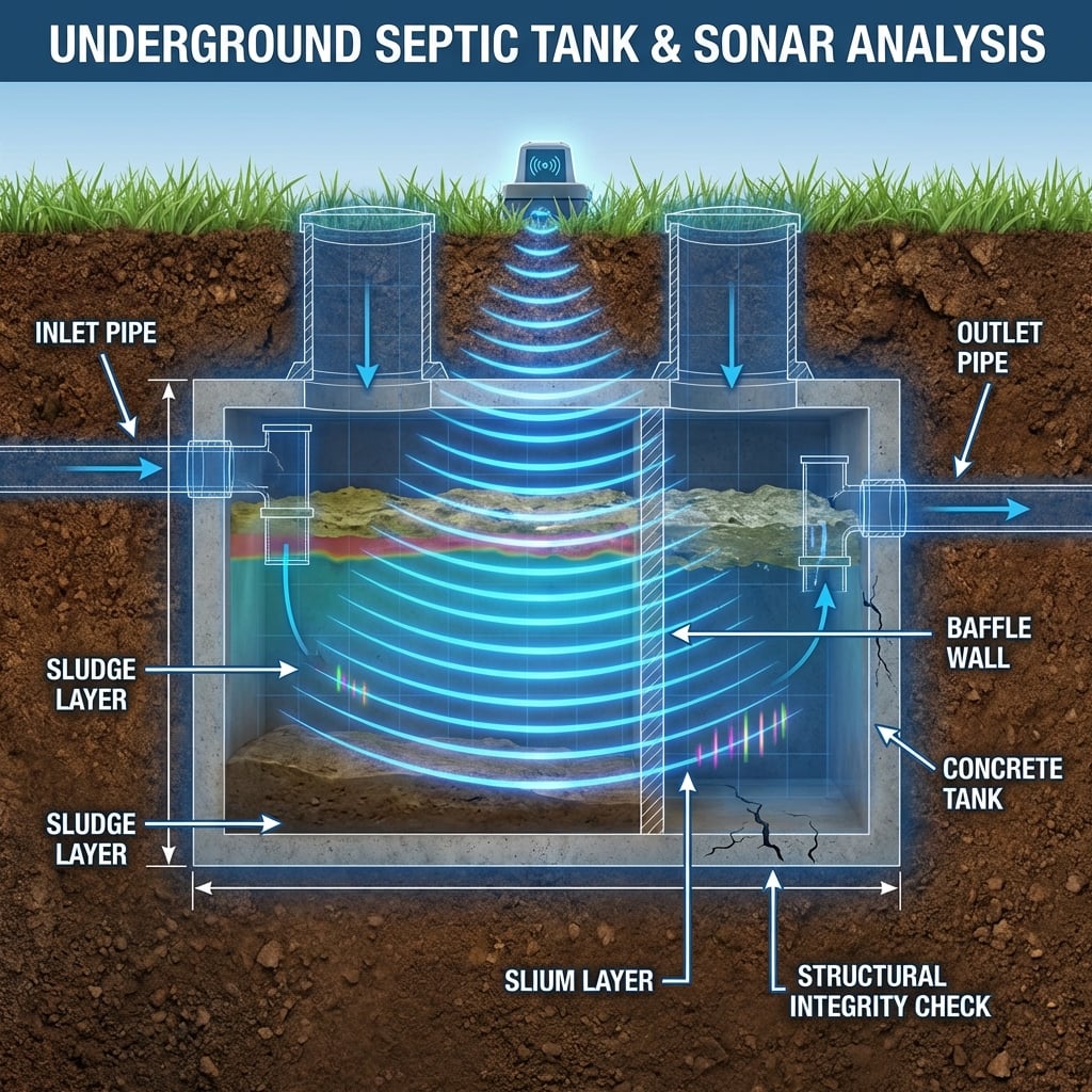 Diagram showing sonar waves penetrating septic tank layers